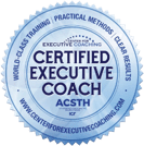 Certified Executive Coach ACSH badge with training details.