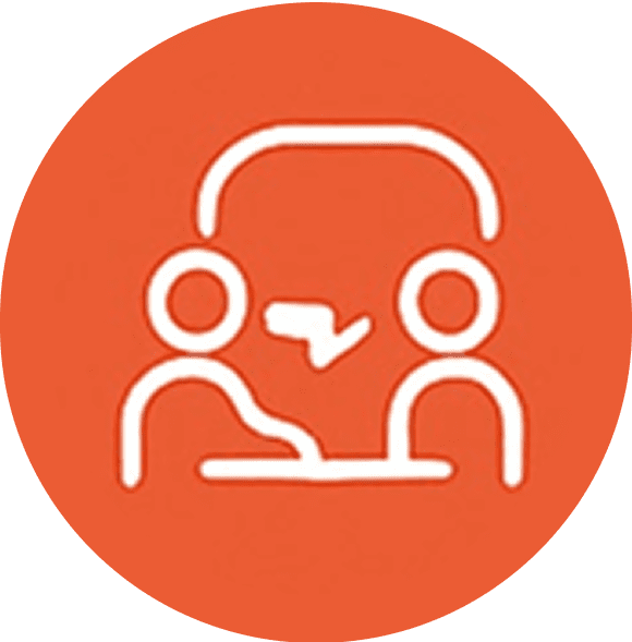 Icon of two people communicating with a speech bubble on an orange background.