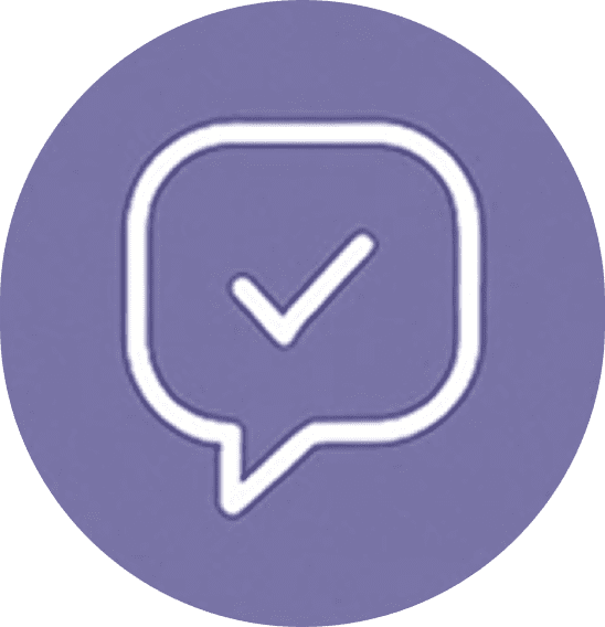 A white checkmark inside a speech bubble on a purple background.