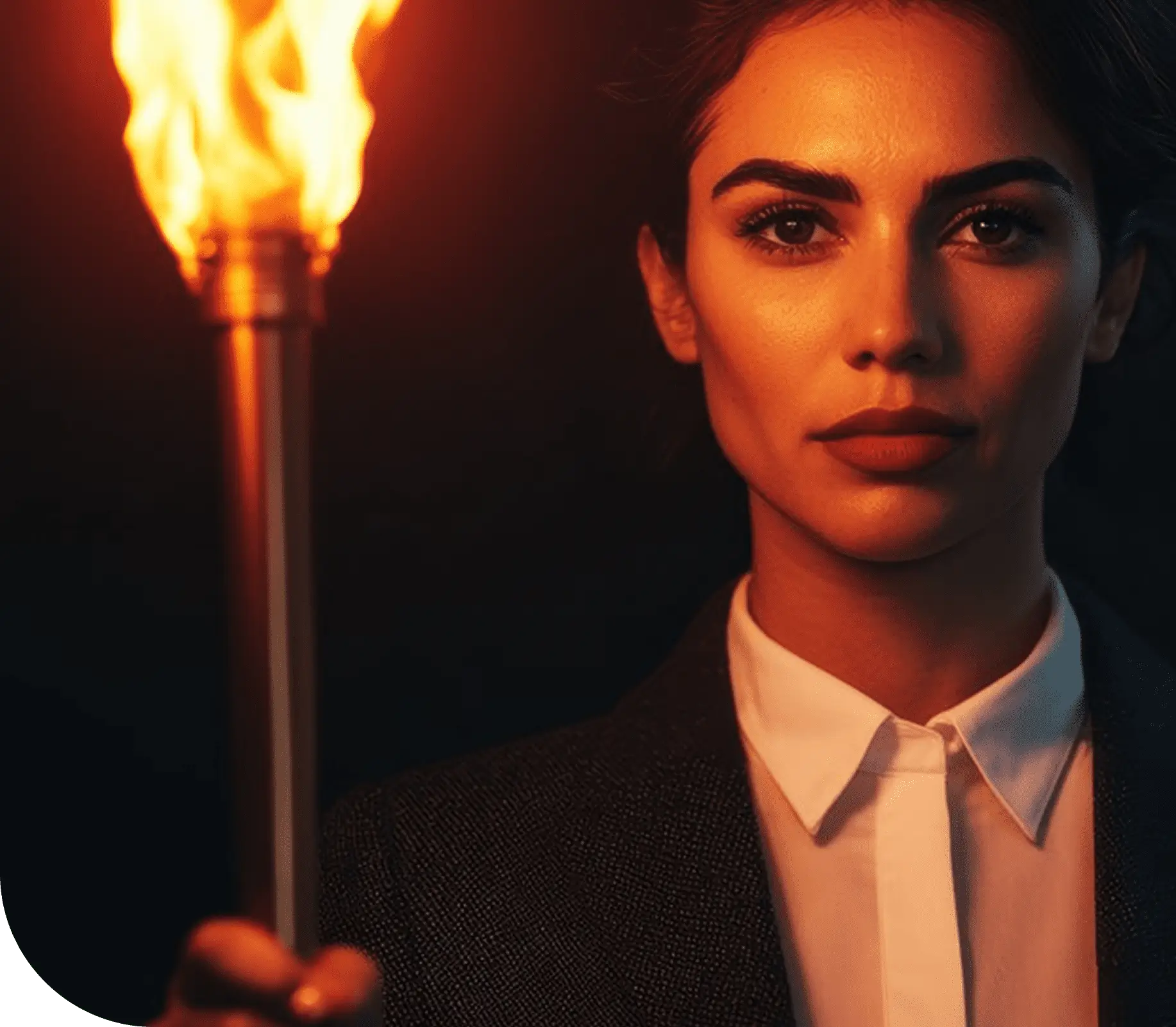 Woman in suit holding flaming torch.